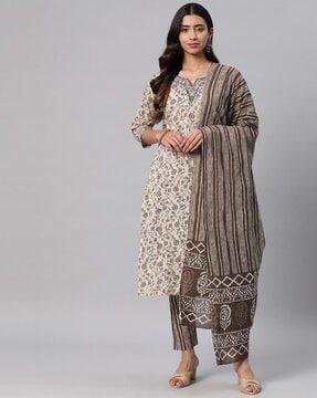 women floral print straight kurta set with dupatta