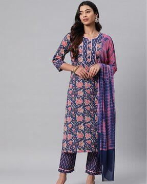 women floral print straight kurta set with dupatta