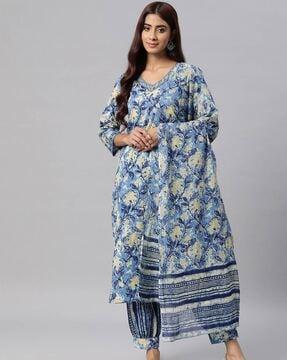 women floral print straight kurta set with dupatta