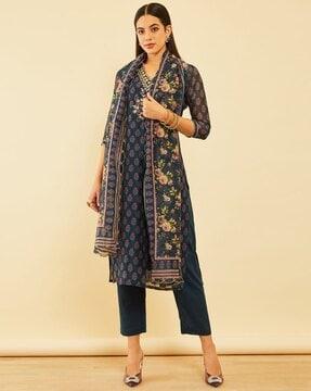 women floral print straight kurta set with dupatta