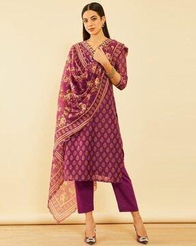 women floral print straight kurta set with dupatta