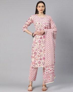 women floral print straight kurta set with dupatta