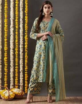 women floral print straight kurta set with dupatta