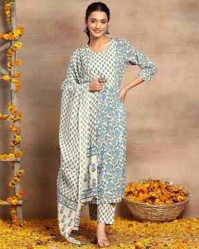 women floral print straight kurta set with dupatta