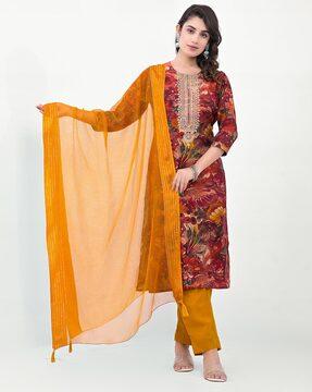 women floral print straight kurta set with dupatta