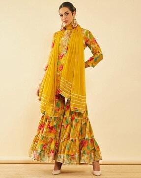 women floral print straight kurta set with dupatta