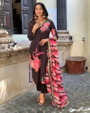 women floral print straight kurta set with dupatta