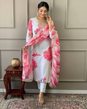 women floral print straight kurta set with dupatta