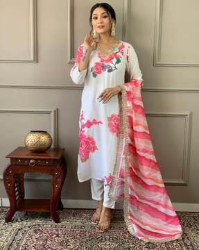 women floral print straight kurta set with dupatta