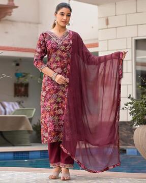 women floral print straight kurta set with dupatta