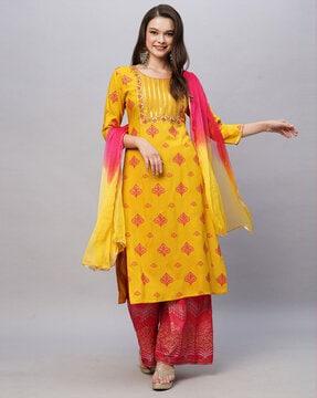 women floral print straight kurta set with dupatta