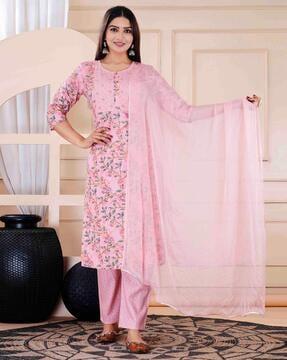 women floral print straight kurta set with dupatta