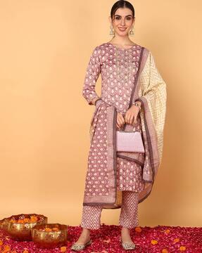 women floral print straight kurta set with dupatta