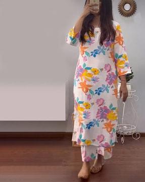 women floral print straight kurta set