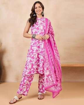 women floral print straight kurta set