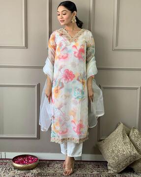 women floral print straight kurta set