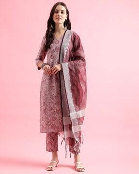 women floral print straight kurta set