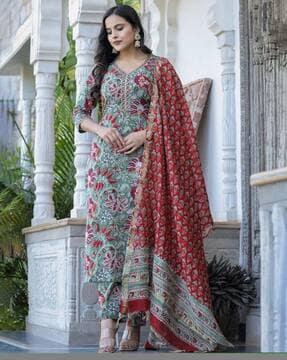 women floral print straight kurta set