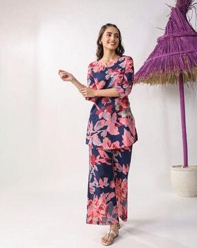 women floral print straight kurta set