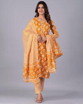 women floral print straight kurta suit set