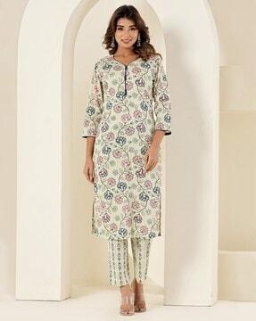 women floral print straight kurta suit set