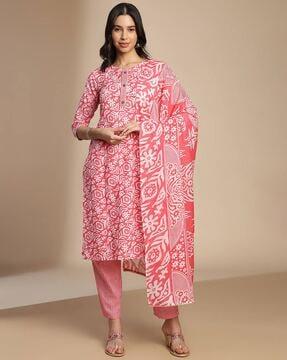 women floral print straight kurta suit set