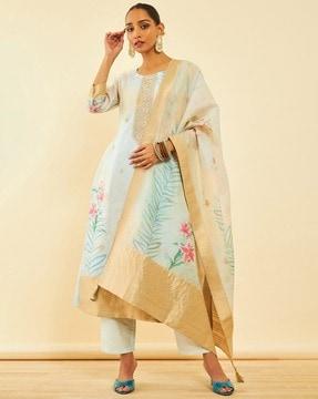 women floral print straight kurta with dupatta