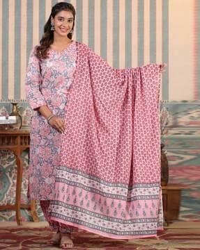 women floral print straight kurta with harem pants & dupatta