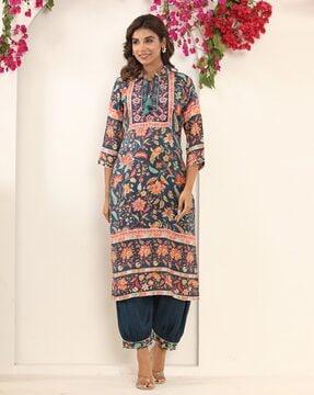 women floral print straight kurta with harem pants