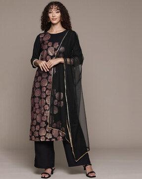 women floral print straight kurta with palazzos & dupatta set