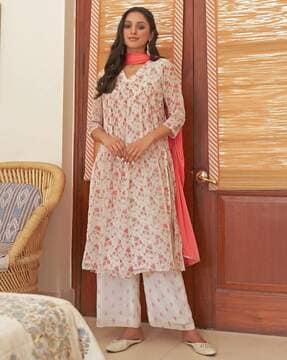 women floral print straight kurta with palazzos & dupatta