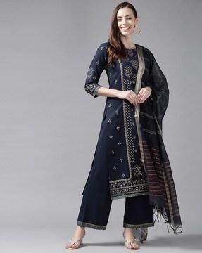 women floral print straight kurta with palazzos & dupatta