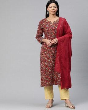 women floral print straight kurta with palazzos & dupatta