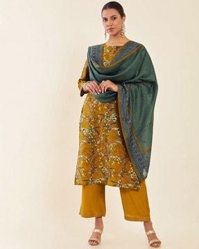 women floral print straight kurta with palazzos & dupatta