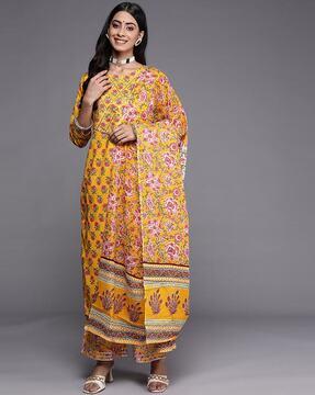 women floral print straight kurta with palazzos & dupatta