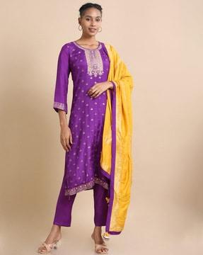 women floral print straight kurta with pants & dupatta set