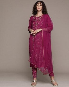 women floral print straight kurta with pants & dupatta set