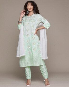 women floral print straight kurta with pants & dupatta set
