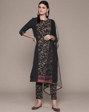 women floral print straight kurta with pants & dupatta set