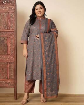 women floral print straight kurta with pants & dupatta