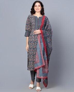 women floral print straight kurta with pants & dupatta