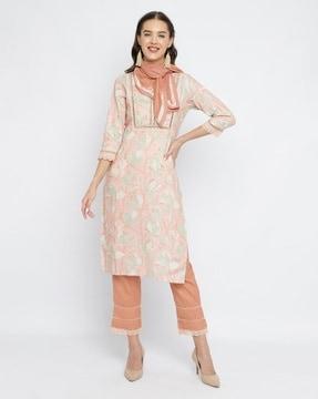 women floral print straight kurta with pants & dupatta