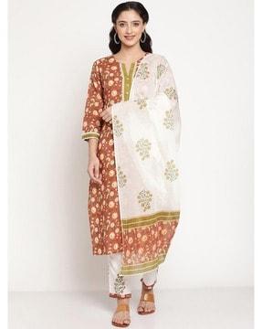 women floral print straight kurta with pants & dupatta