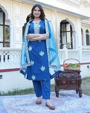 women floral print straight kurta with pants & dupatta