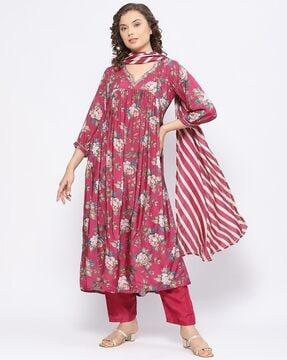 women floral print straight kurta with pants & dupatta