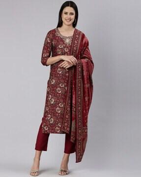 women floral print straight kurta with pants & dupatta