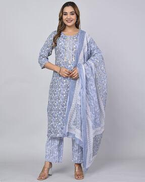 women floral print straight kurta with pants & dupatta