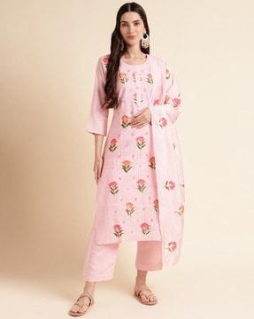 women floral print straight kurta with pants & dupatta