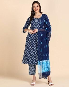 women floral print straight kurta with pants & dupatta