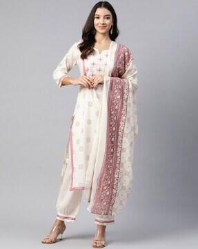 women floral print straight kurta with pants & dupatta